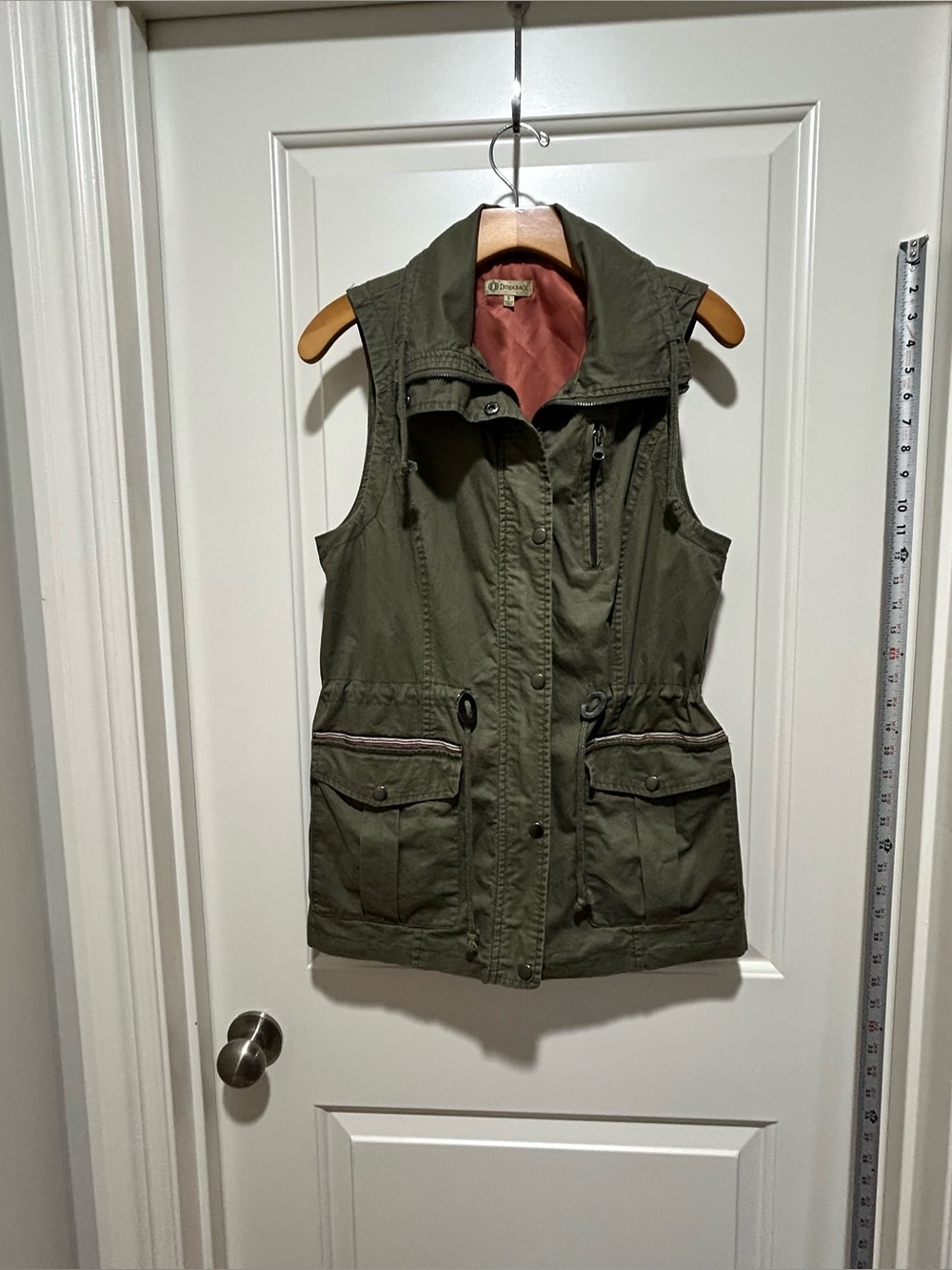 Democracy Olive Utility Vest - Women’s size S Sleeveless Jacket. Zips and snaps